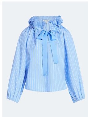 Free Assembly Ruffle Tie Neck Cotton Top with Long Puff Sleeve NWT